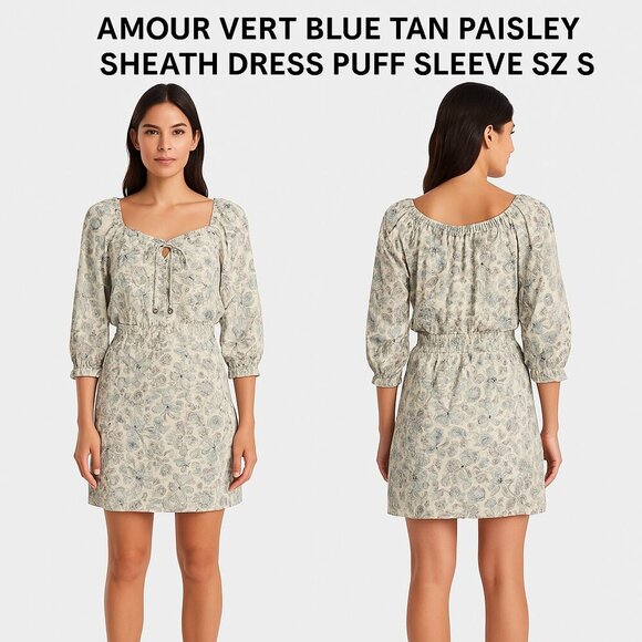 Amour Vert Blue Tan Paisley Sheath Dress Puff Sleeve Sz S - Picture 1 of 10